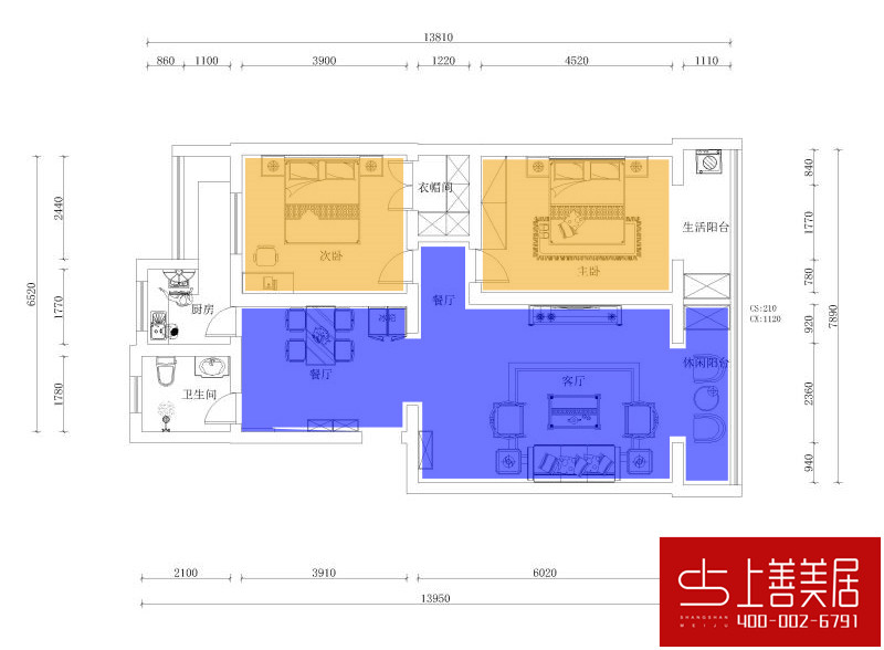 动静分区图分析:静区的两个卧室都在房子的一侧,动静分区明确.